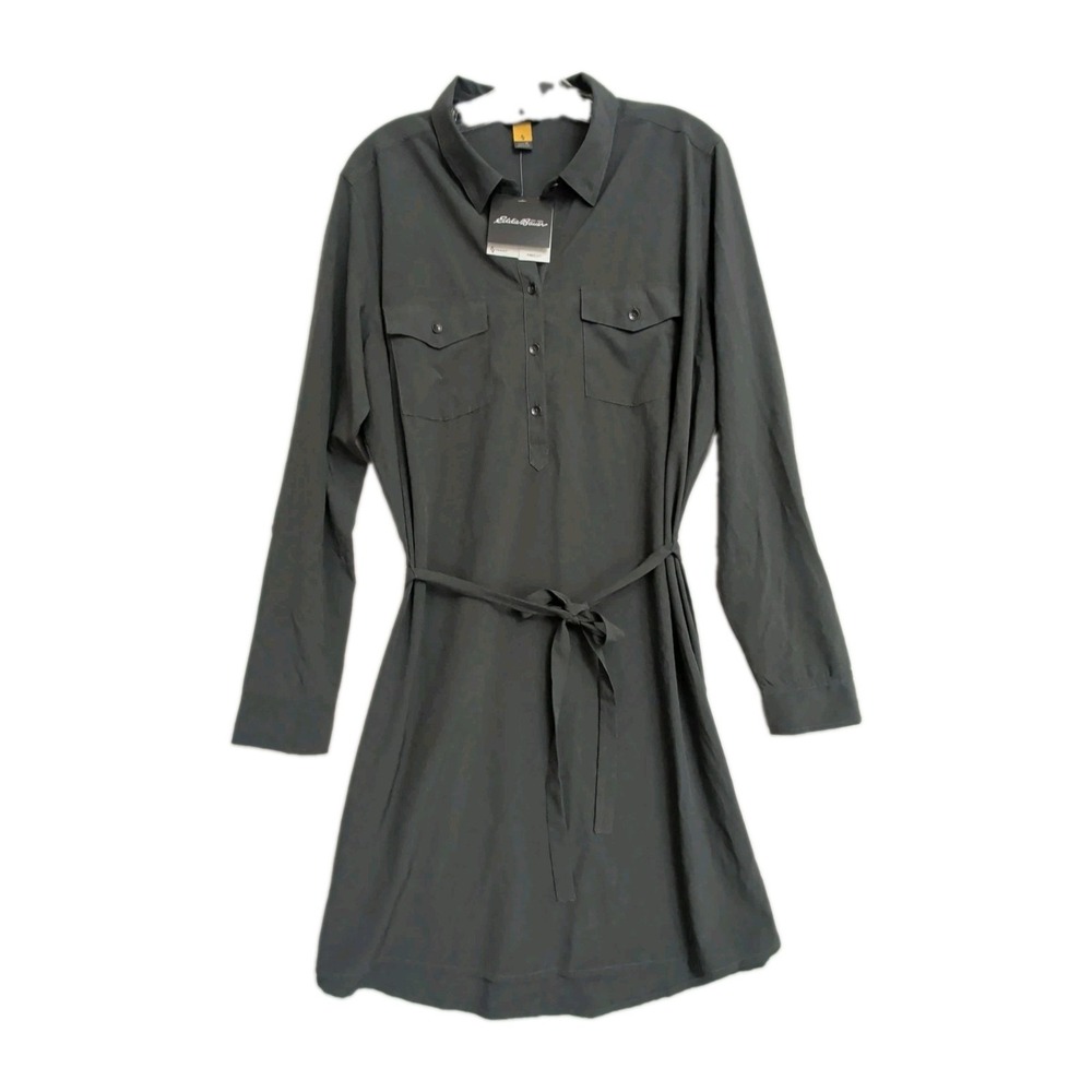 Eddie Bauer Departure Shirt Dress Womens XL Gray Roll Tab Sleeve Travel Casual